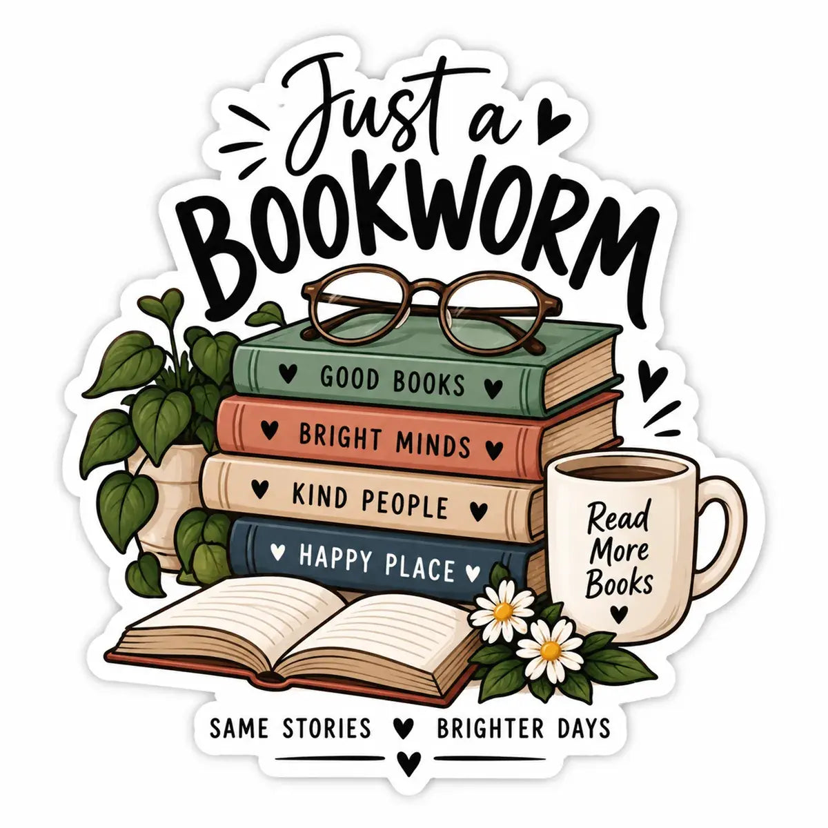 Bookworm reading vinyl sticker with books and glasses
