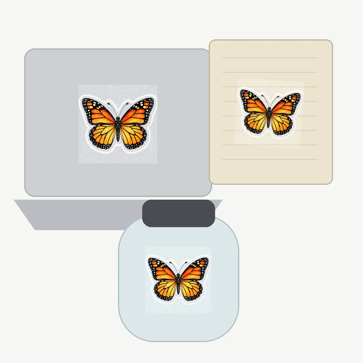 Butterfly vinyl sticker shown on laptop notebook and bottle