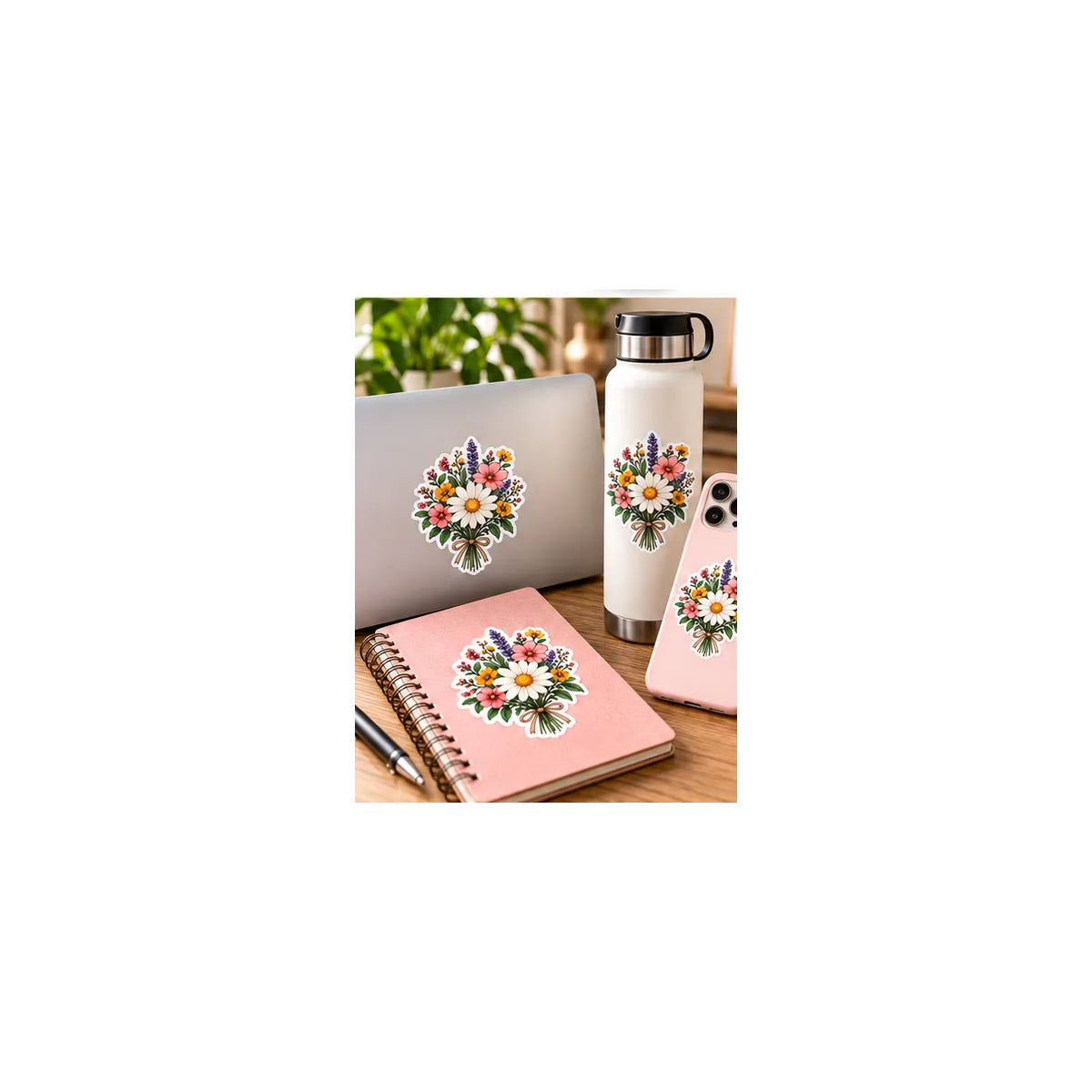 Botanical flower sticker shown on laptop bottle phone and notebook