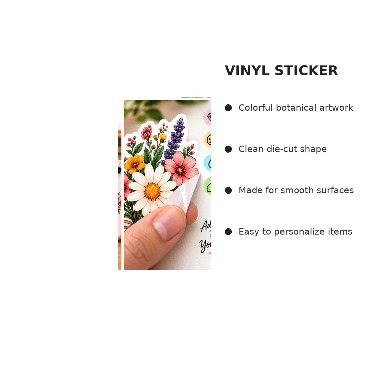 Botanical flower vinyl sticker peel detail and verified product features