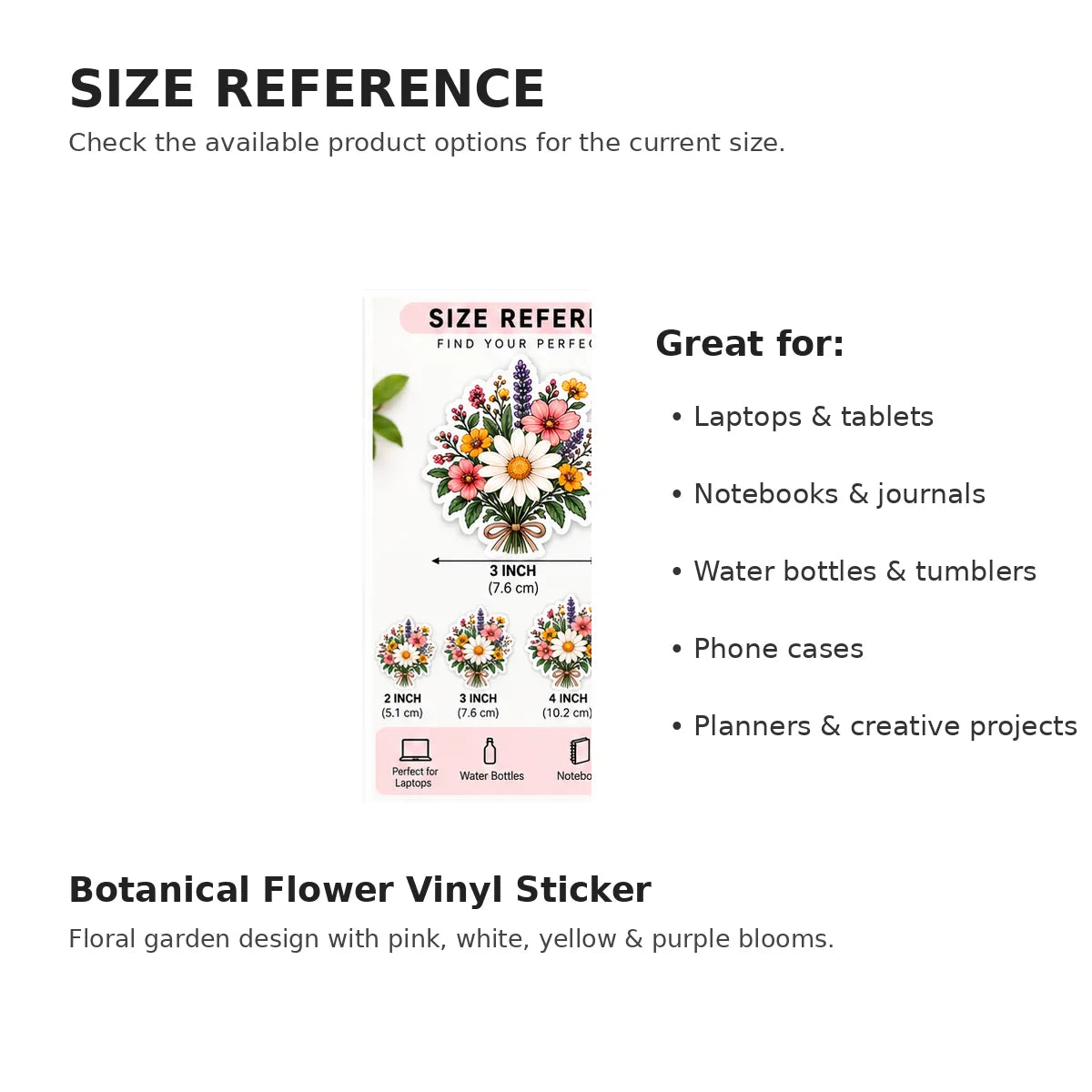 Botanical flower sticker size reference and common use guide