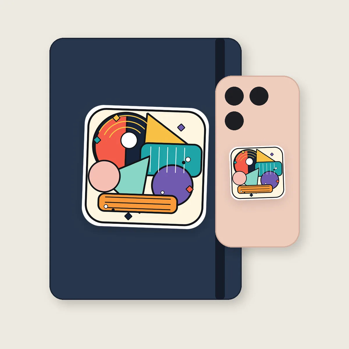 Geometric abstract sticker displayed on notebook and phone case