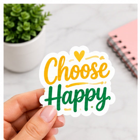Square high resolution Choose Happy motivational sticker held in hand