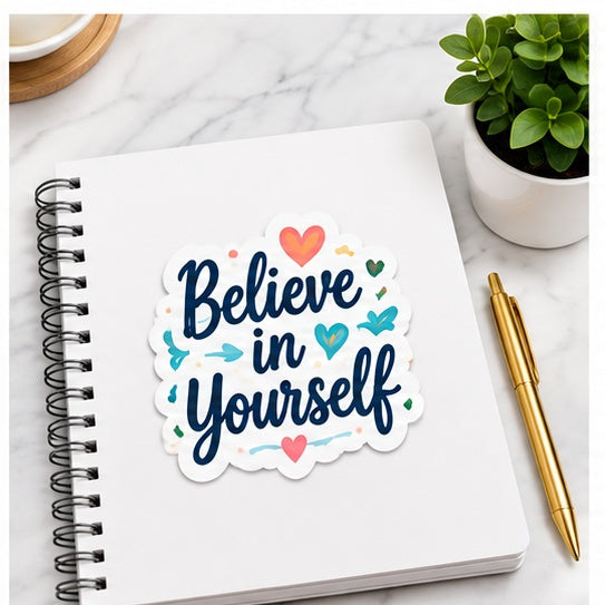 Square high resolution inspirational quote sticker on a journal notebook