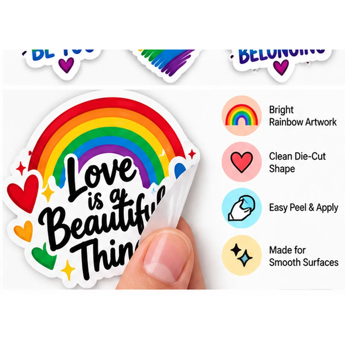 Rainbow Pride die-cut sticker peel and features image
