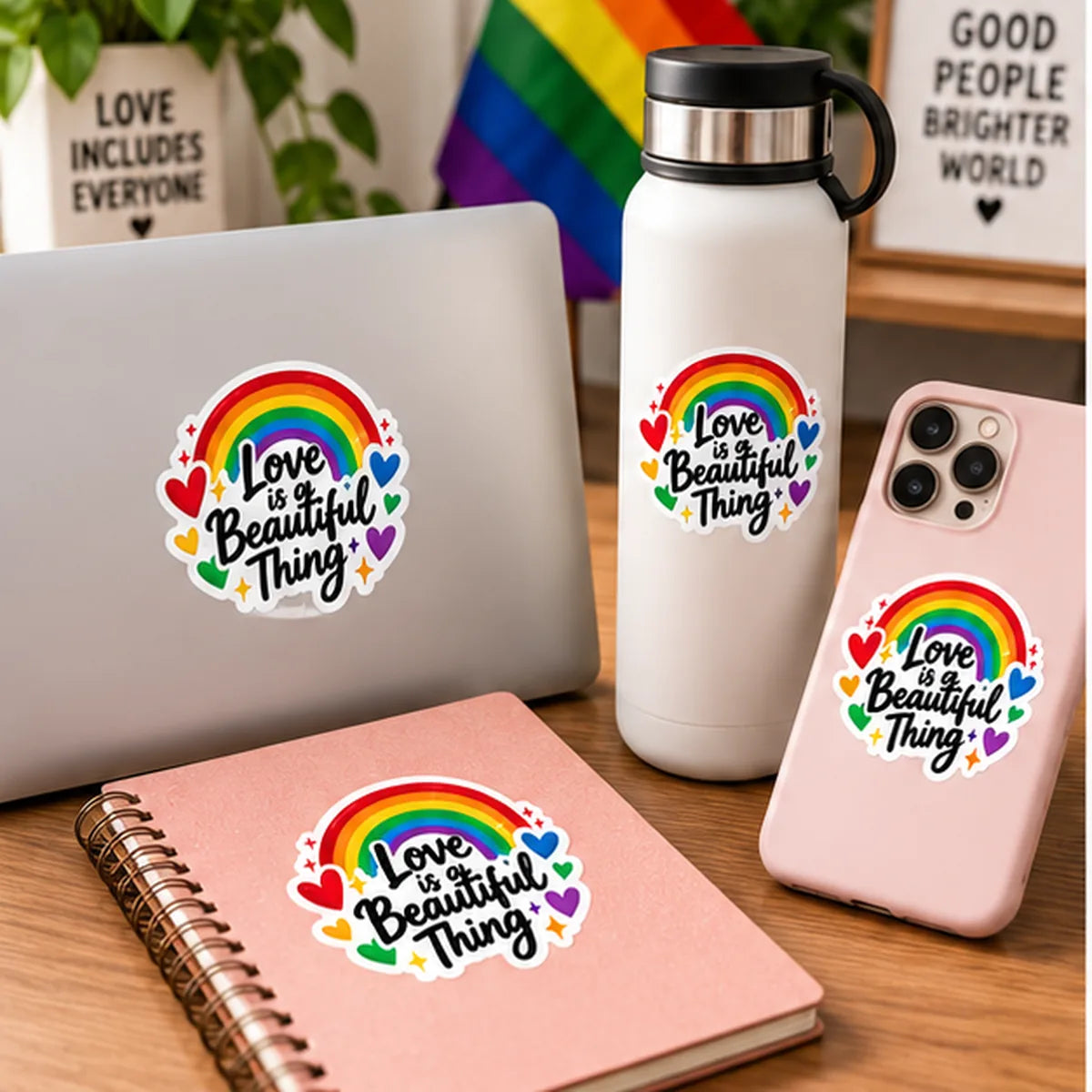 Rainbow Pride die-cut sticker lifestyle mockup on everyday items