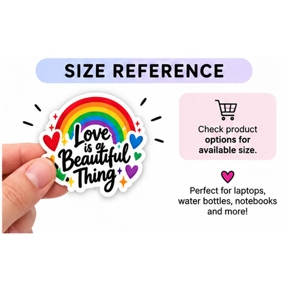 Rainbow Pride die-cut sticker size reference guide