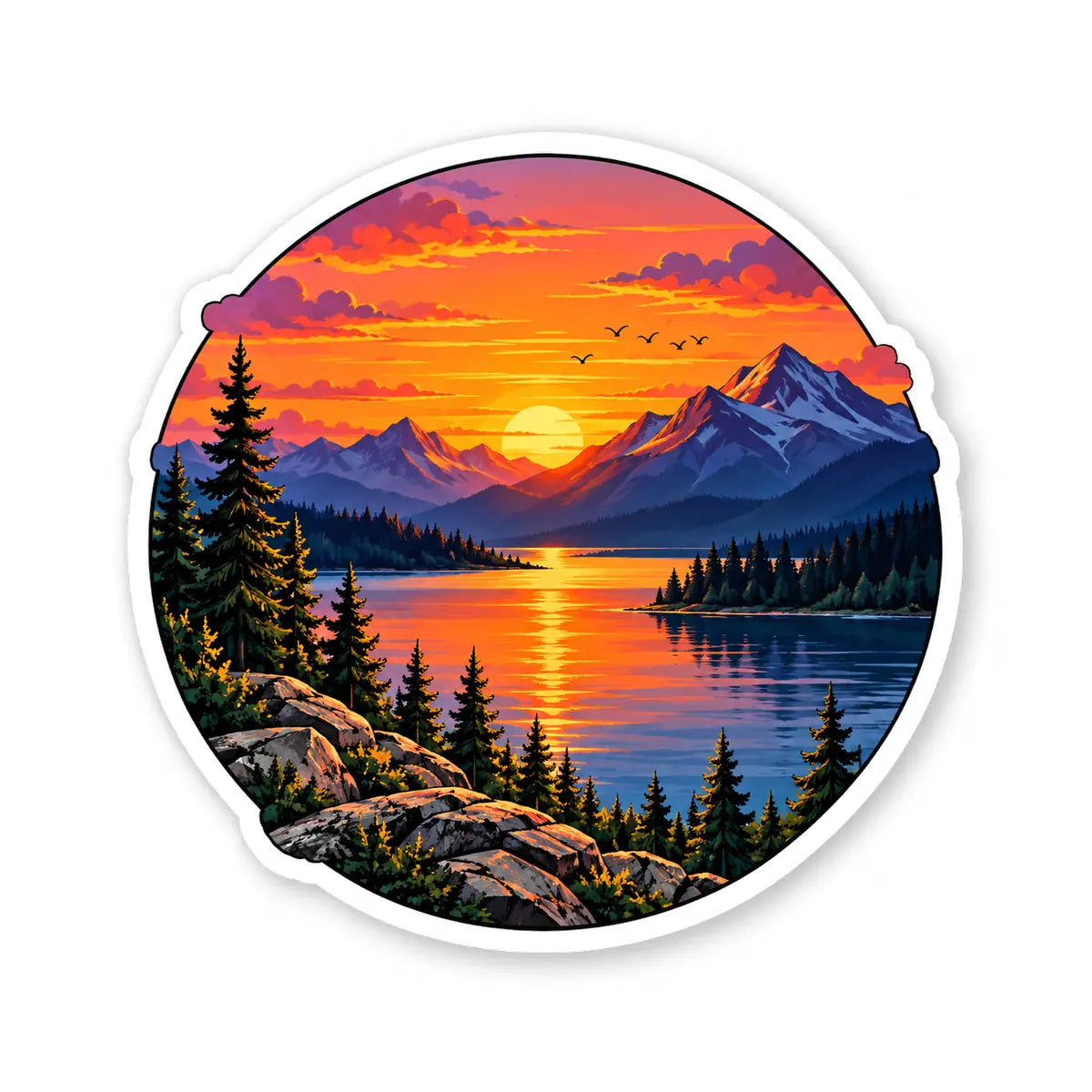 Sunset landscape die-cut vinyl sticker with mountain lake scene