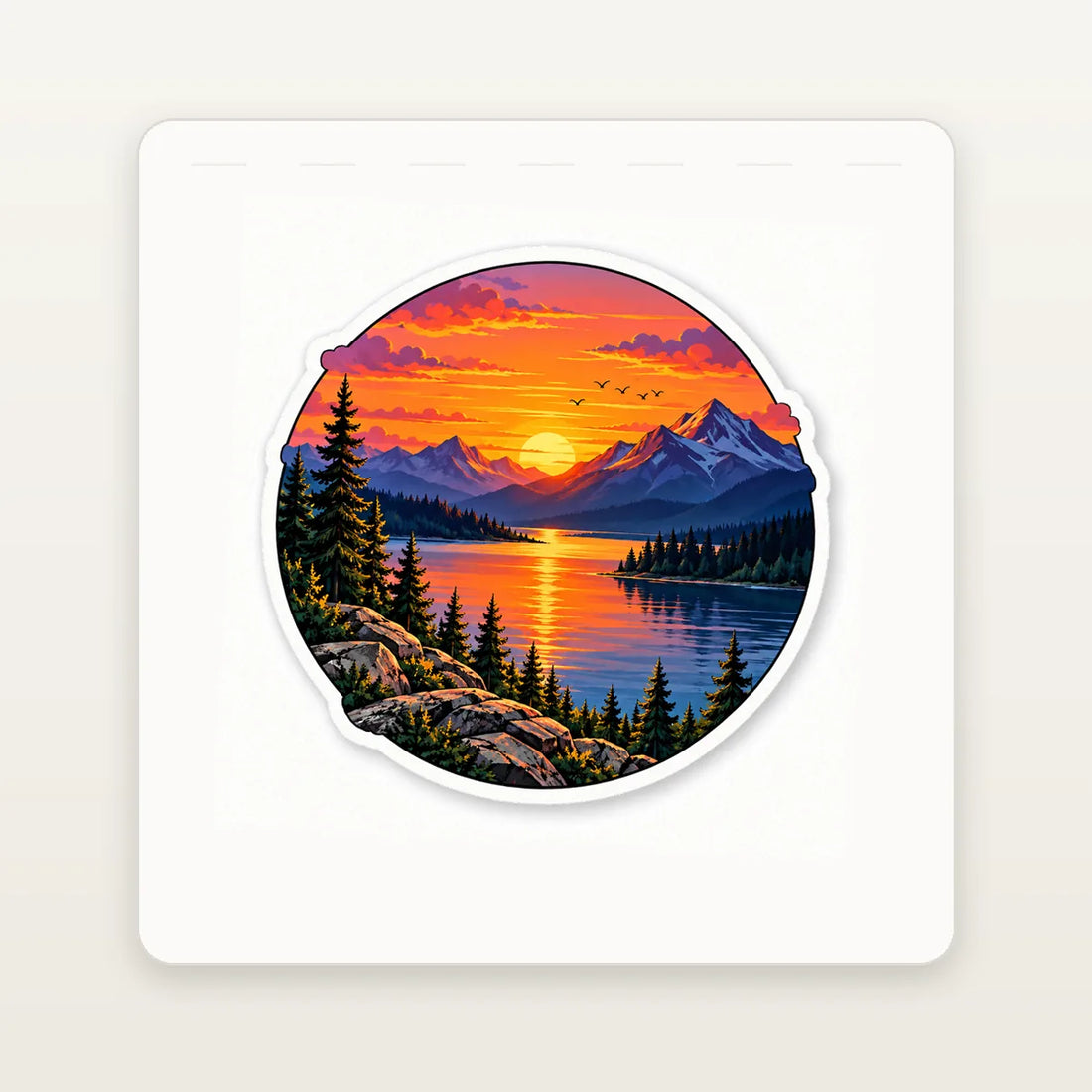 Sunset landscape die-cut vinyl sticker with mountain lake scene