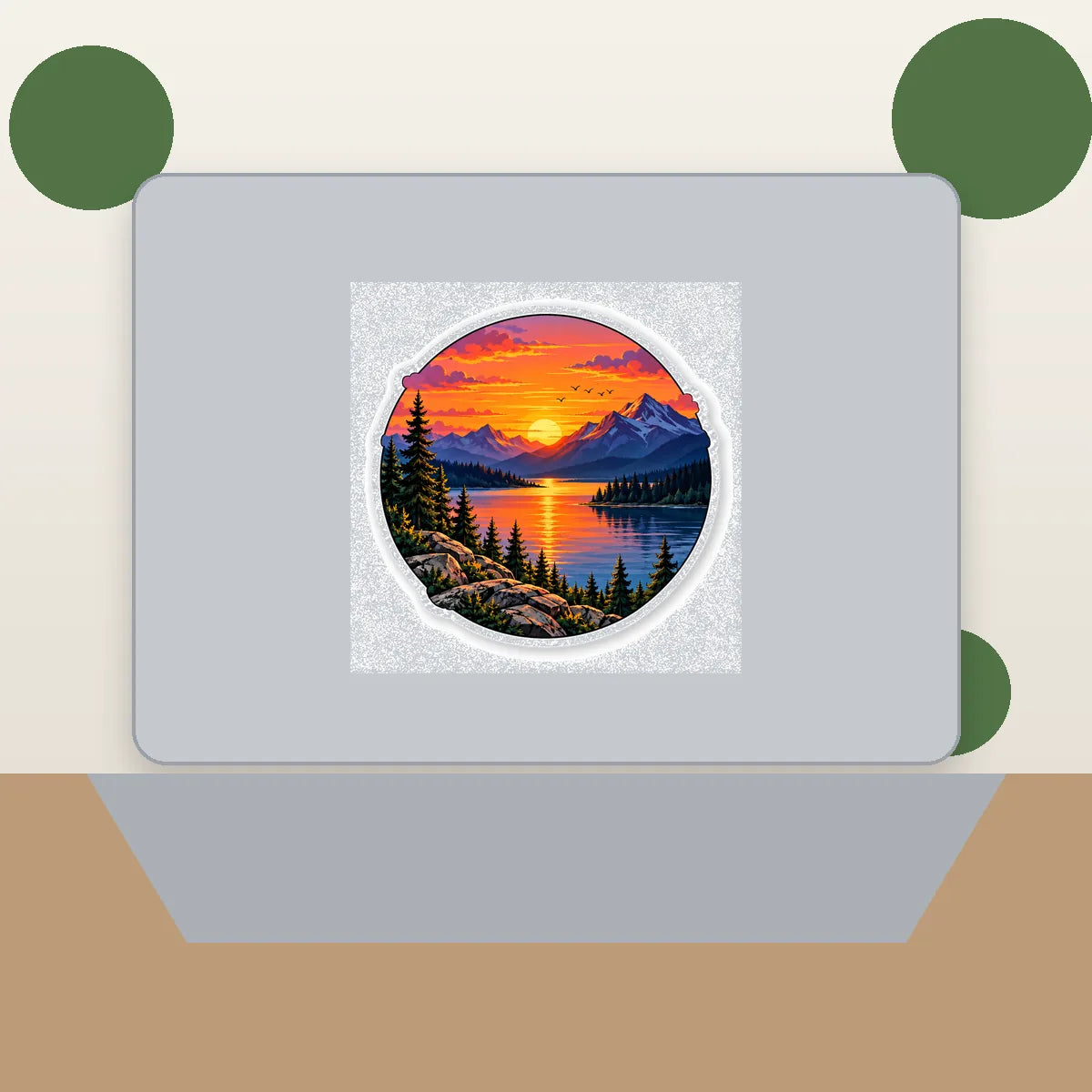 Sunset landscape vinyl sticker displayed on a laptop