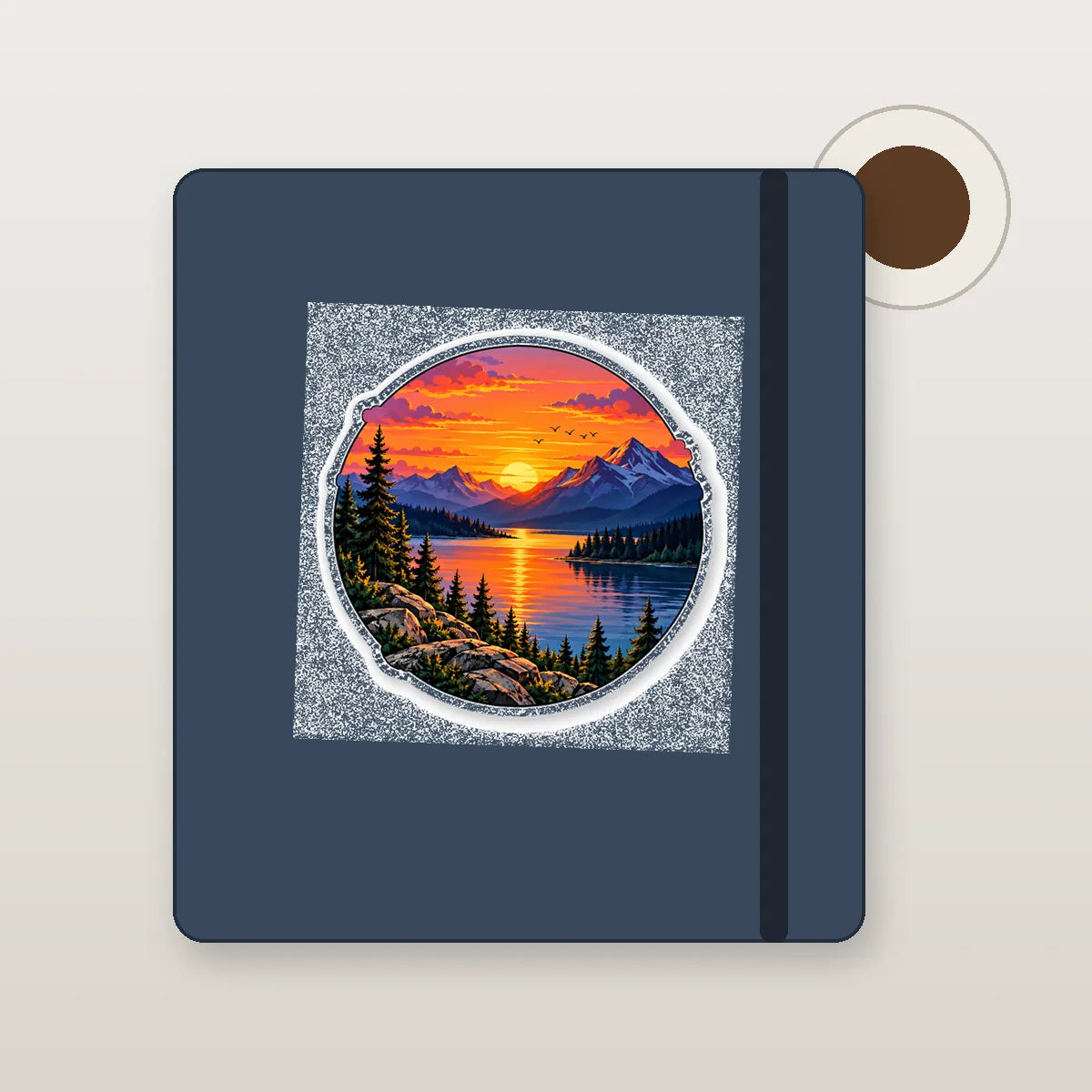 Sunset landscape vinyl sticker displayed on a journal